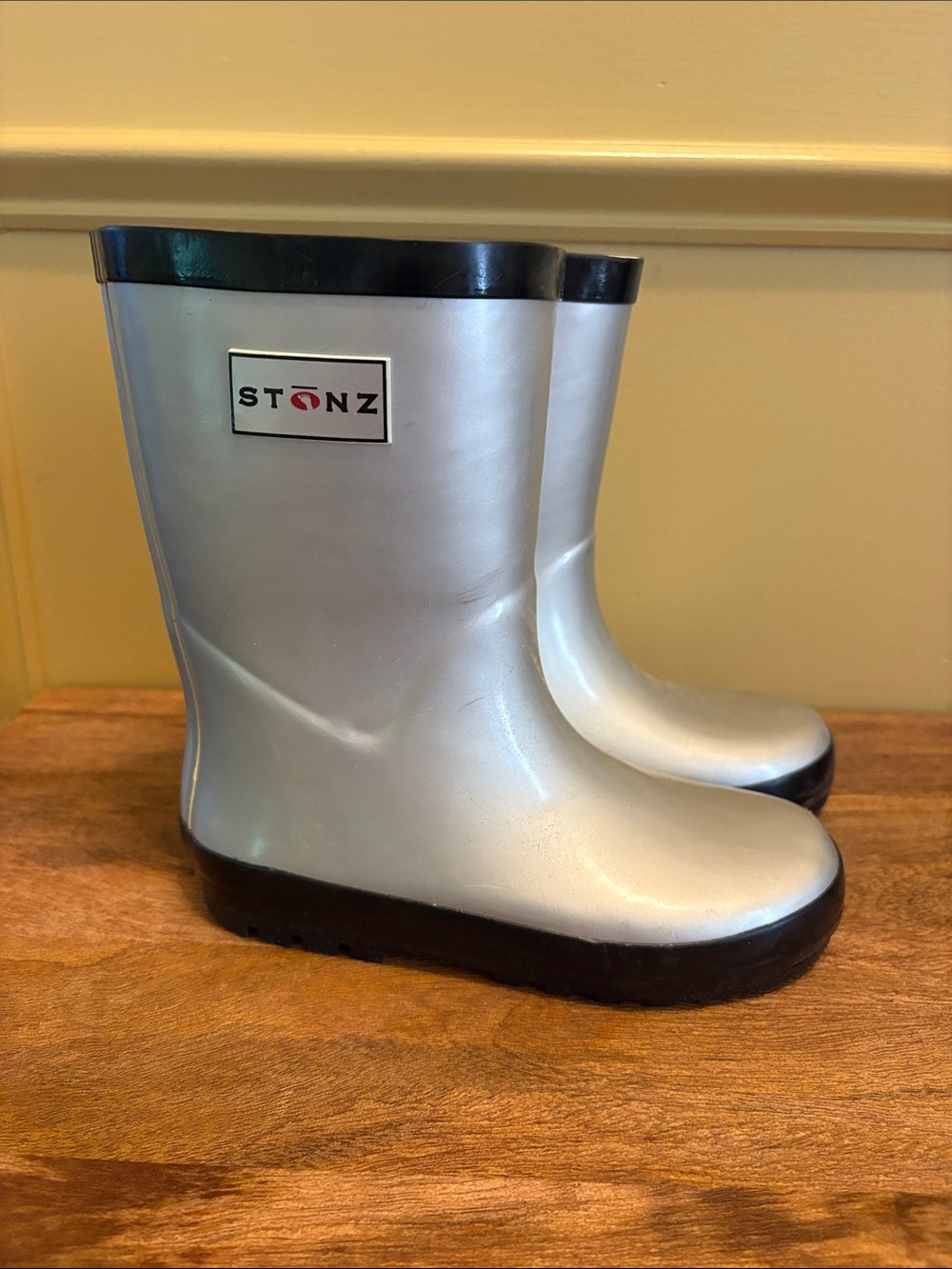 Stonz Silver and Black Kids Rain Boots
